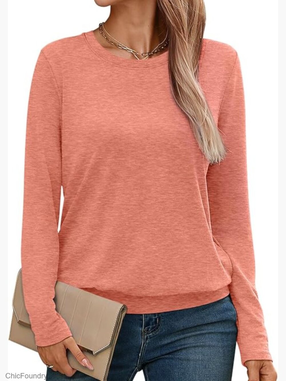 Long Sleeve Banded Hem Tee, Recycled Material, Casual Crew Neck Top
